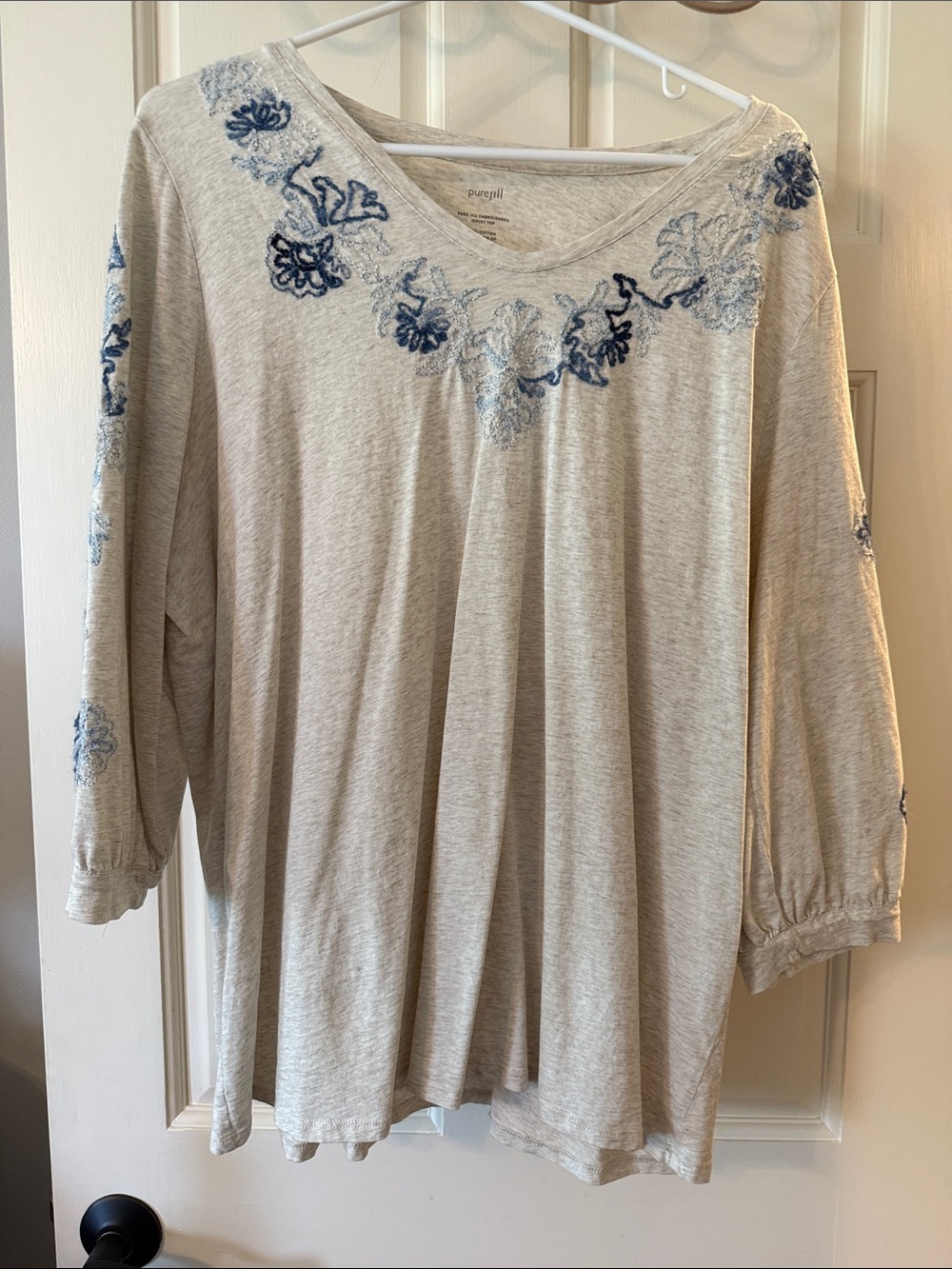 J. Jill Cream Tunic Top with Blue Floral Embroidery